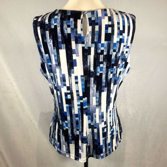 Calvin Klein black blue and white abstract print pleated neck top size large - Picture 4 of 8